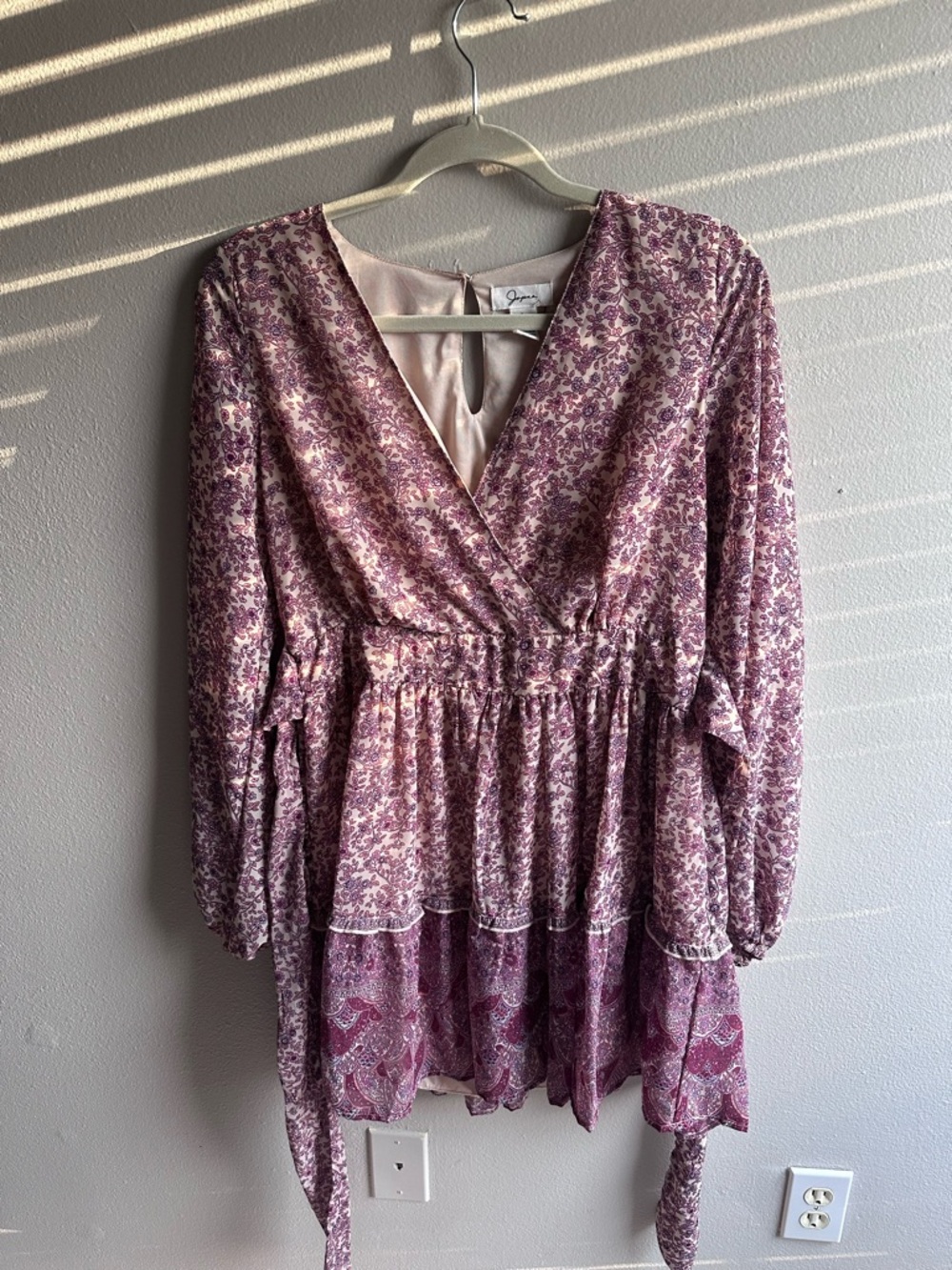 Floral Boho Mini Dress / Tunic – Size L – Lightweight Long Sleeve Summer Dress